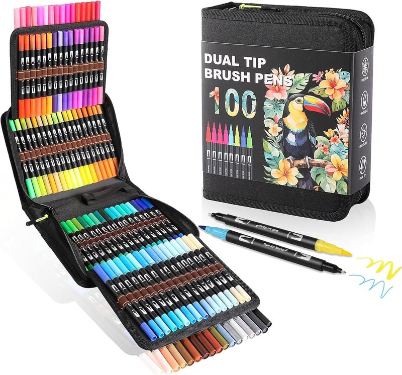 TOSHARE Dual Tip Markers, Brush Art Markers Set with Fine Tip and Brush Tip for Adult Coloring Book, Hand Lettering, Calligraphy & Drawing, Professional Art Supplies Kit for Adults (100 Colors) - Image 1